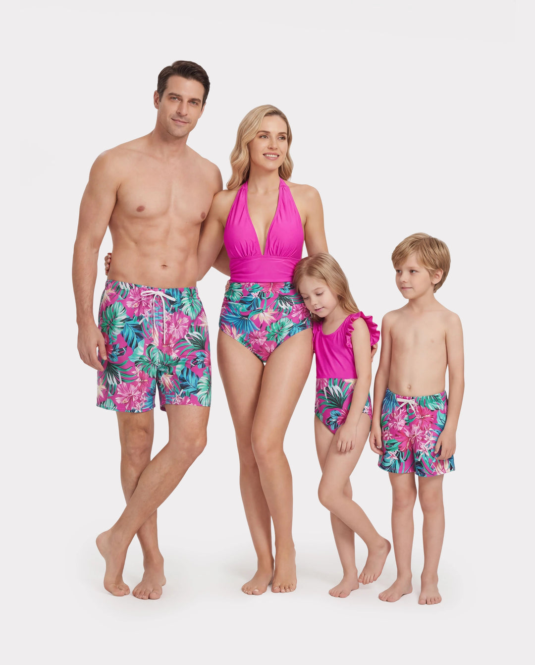 Family Matching Swimsuits Tropical Pink Leaf Print Halter One-Piece Swimwear or Swim Trunks Set Pink