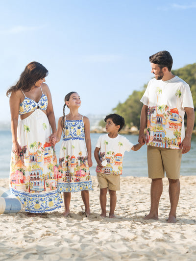 Family Matching Vacation Set Tropical Pineapple Coconut Tree Print Short-sleeve T-shirt or Hollow out Strap Dress for Summer Vacation  White