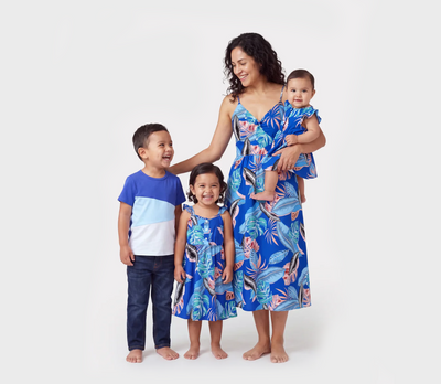 Mommy & me Tropical Dress & T-shirt Set – Blue Floral Print for Dad, Mom, Girls & Baby, Perfect for Summer Vacations and Family Photos Blue