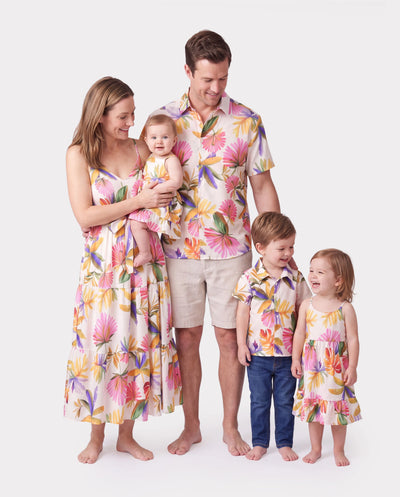 Family Matching Sets Tropical Floral V-Neck Dress & Short Sleeve Tee with Adjustable Straps Deep White Apricot