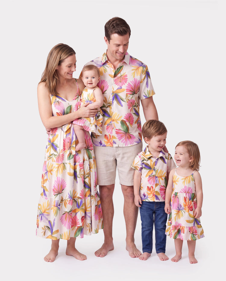 Family Matching Sets Tropical Floral V-Neck Dress & Short Sleeve Tee with Adjustable Straps Deep White Apricot