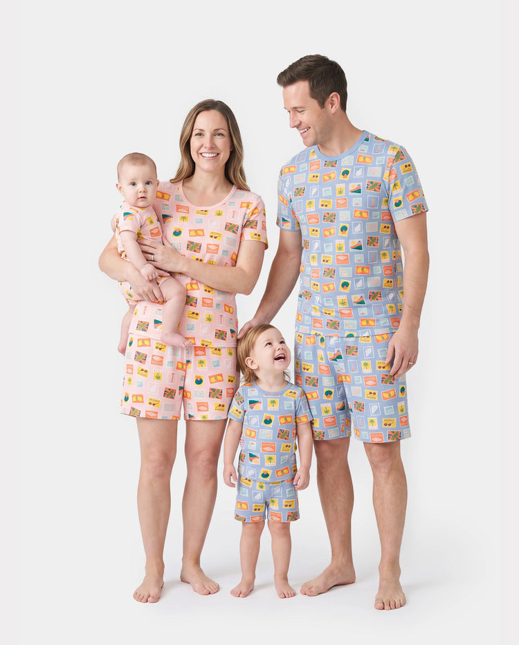 Bamboo Family Pajamas Vacation Theme Print Short-sleeve Matching Pajama set (Snug-Fitting for Children) Color block