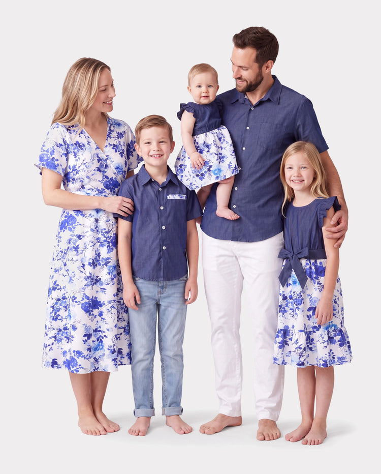 Family Matching Floral Print Short-sleeve Shirt or Tie Waist Dress Set Blue