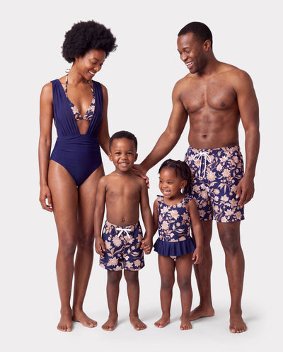 Trajes de Baño Familiares a Juego con Estampado Floral 2 en 1 Traje de Una Pieza y Bañador Azul Profundo