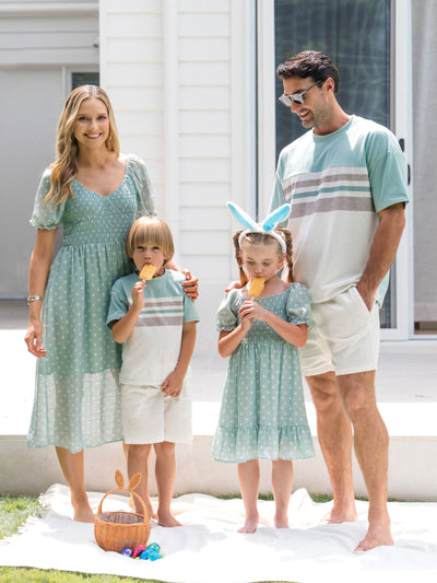 Family Matching T-Shirt & Dress Set Polka Dot Puff-sleeve Dress for Mom, Daughter & Baby, Color Block Cotton Tee for Dad & Son, Perfect for Family Outings & Photos Light Green