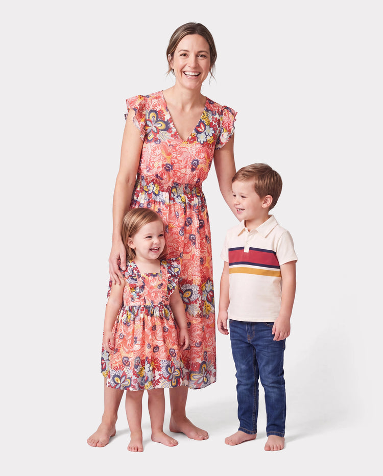 Mommy & me Casual Outfit Colorblock Polo Collar T-shirt or Floral Print Flutter Sleeveless Dress Set Orange red
