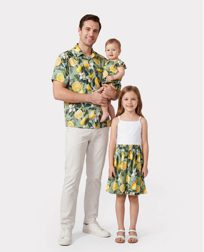 Conjuntos para papá e hija – Camisas hawaianas con estampado de limón y vestidos de verano – Ropa tropical para vacaciones para hombres, mujeres y niños Verde