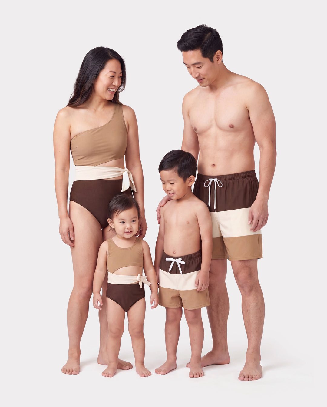 Family Matching Color Block Swimsuits, Mommy and Me One-Shoulder Cutout Bikini Set, Daddy and Son Color Block Swim Trunks, Summer Beach Vacation Swimwear Coffee
