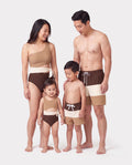 Family Matching Color Block Swimsuits, Mommy and Me One-Shoulder Cutout Bikini Set, Daddy and Son Color Block Swim Trunks, Summer Beach Vacation Swimwear Coffee