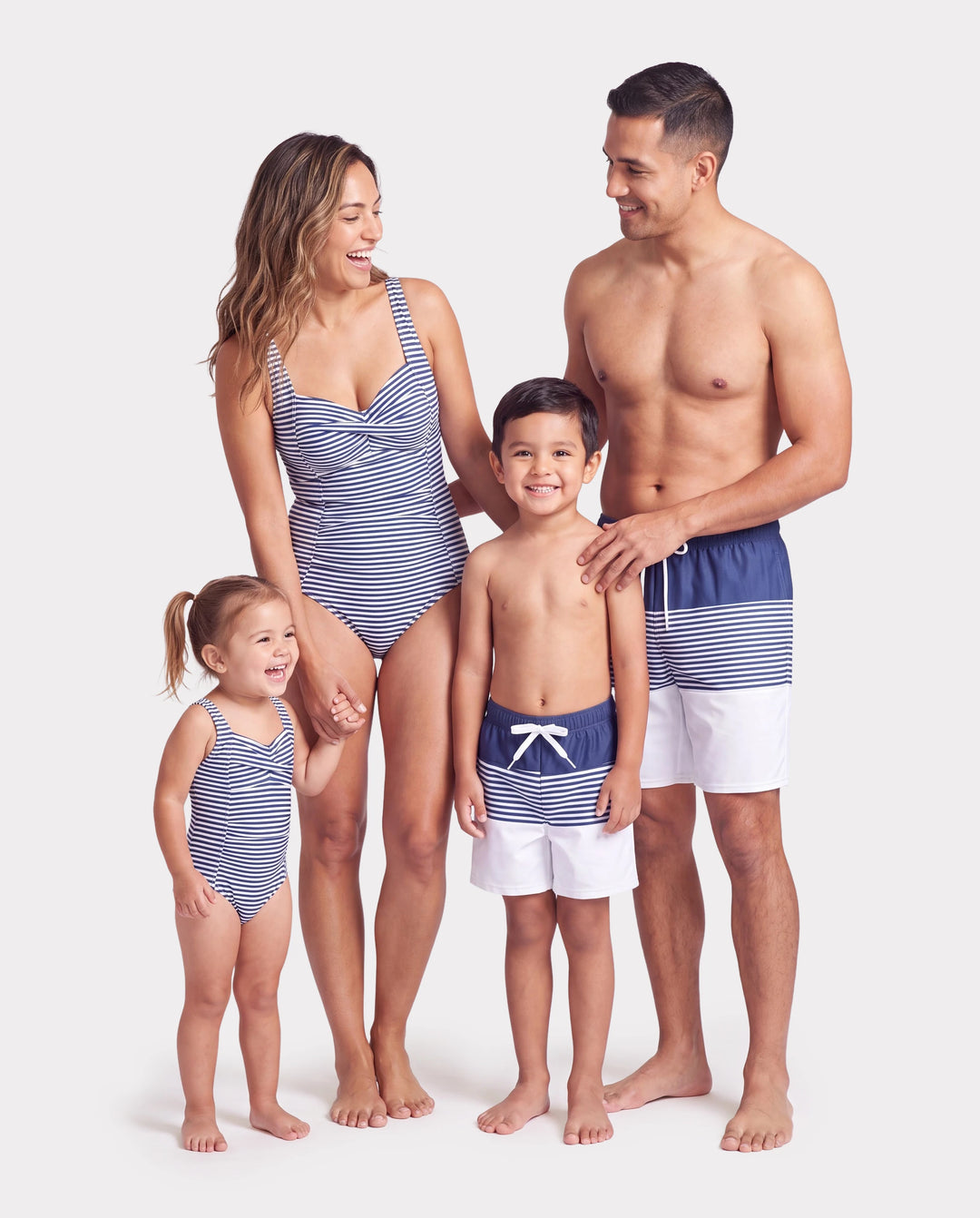 Family Matching Stripe Swim Trunks or One-piece Strap Swimsuit Dark Blue+white