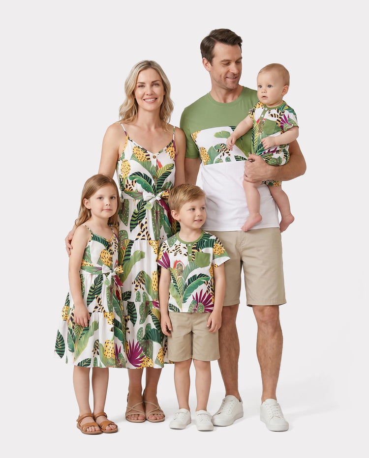 Ensemble haut à manches courtes ou robe caraco à imprimé floral tropical assorti pour toute la famille, multicolore