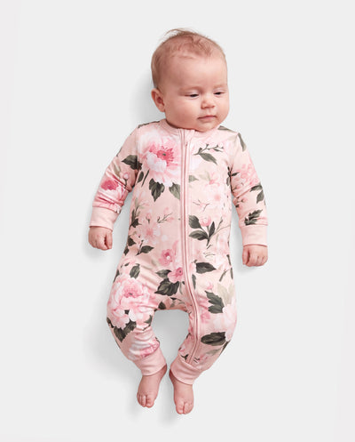 Pyjama sans pieds ajusté à fermeture éclair en mélange floral neutre en bambou pour bébé, rose clair