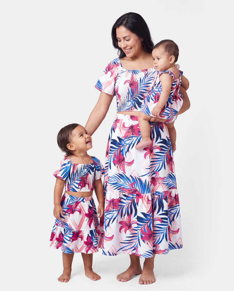 Mommy & me Tropical Floral Outfits Pink Blue Leaf Print Short-sleeve Shirt or One Shoulder Smocked top and Skirt Co-ord Set for Vacation, Cruise, Beach White