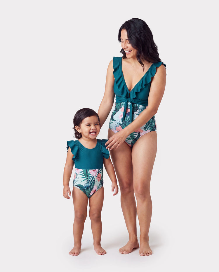 Mommy & me Plant Print Ruffle Trim Spliced One-piece Swimsuit Green
