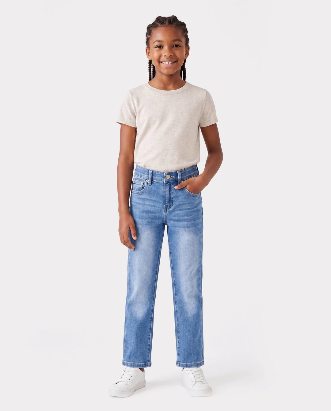Kids Pull On Elastic Waist Denim Jeans Soft Stretch Comfortable Everyday Pants with Pockets Light Blue