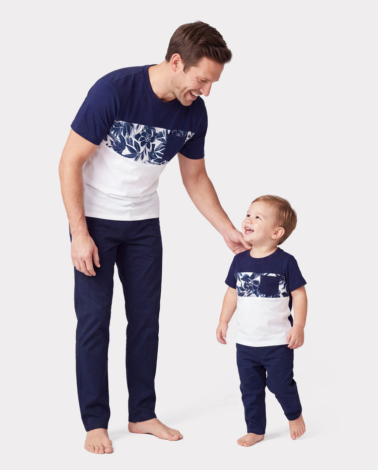 Daddy and Me Family Matching Cotton Tee Flora Print Splicing Shirt or Tank Dress Deep Blue