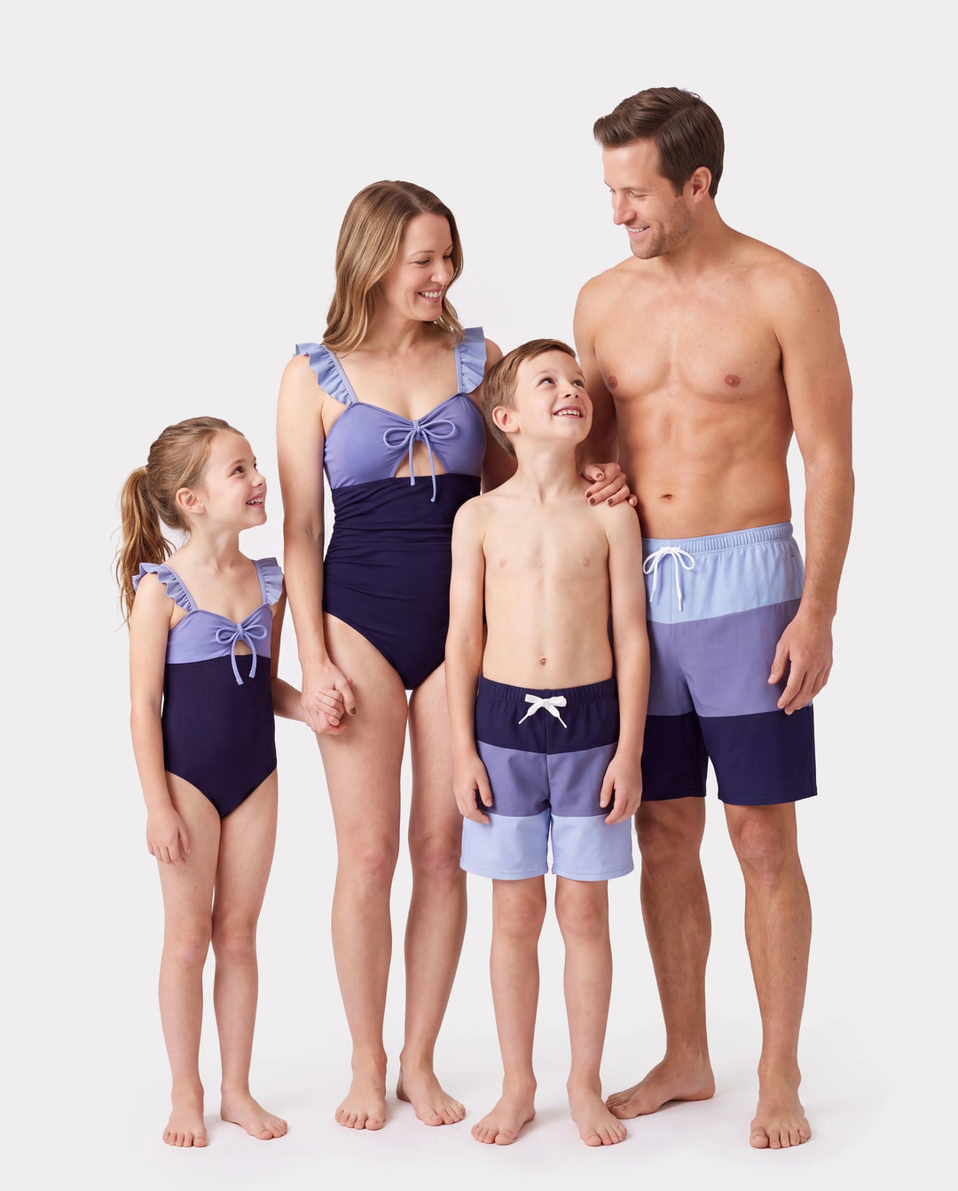 Family Matching Drawstring Swim Trunks or Ruched Bow Tie Cut Out Mesh Ruffle Strap One-Piece Swimsuit (Quick-Dry) MultiColour