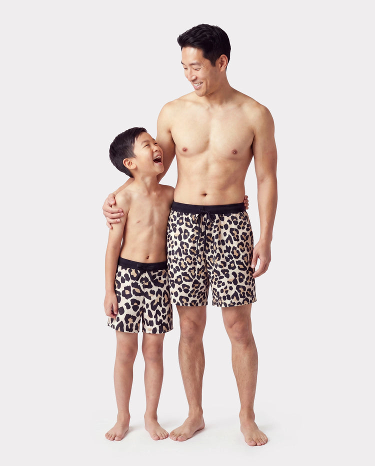 Daddy & Son Leopard Pattern Drawstring Swim Trunks Black