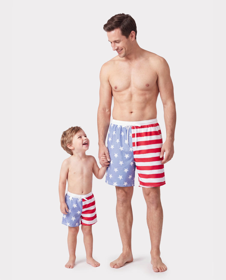 Independence Day 4th of July Daddy & Son Patriotic Swimwear Stars and Stripes Board Shorts Blue