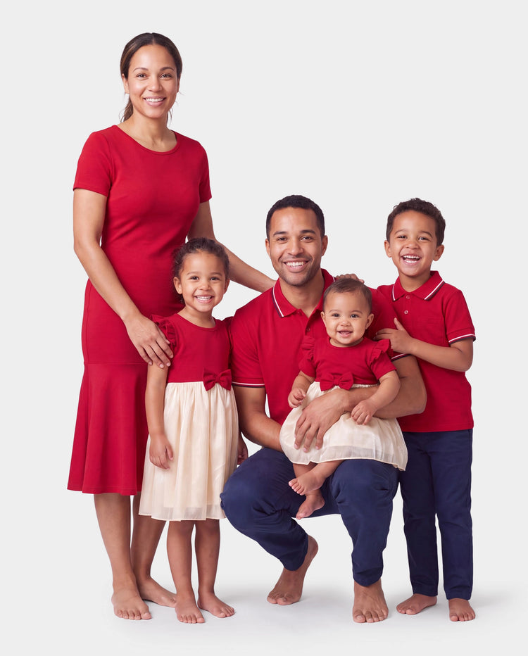 Family Matching Solid Color Short-sleeve Laper-collar Tops and Mermaid/Mesh Dresses Sets Red