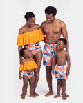 Maillots de bain assortis famille ensemble bikini floral tropical avec haut à volants pour maman et fille, shorts de bain pour papa et fils, tenues d'été éclatantes Orange
