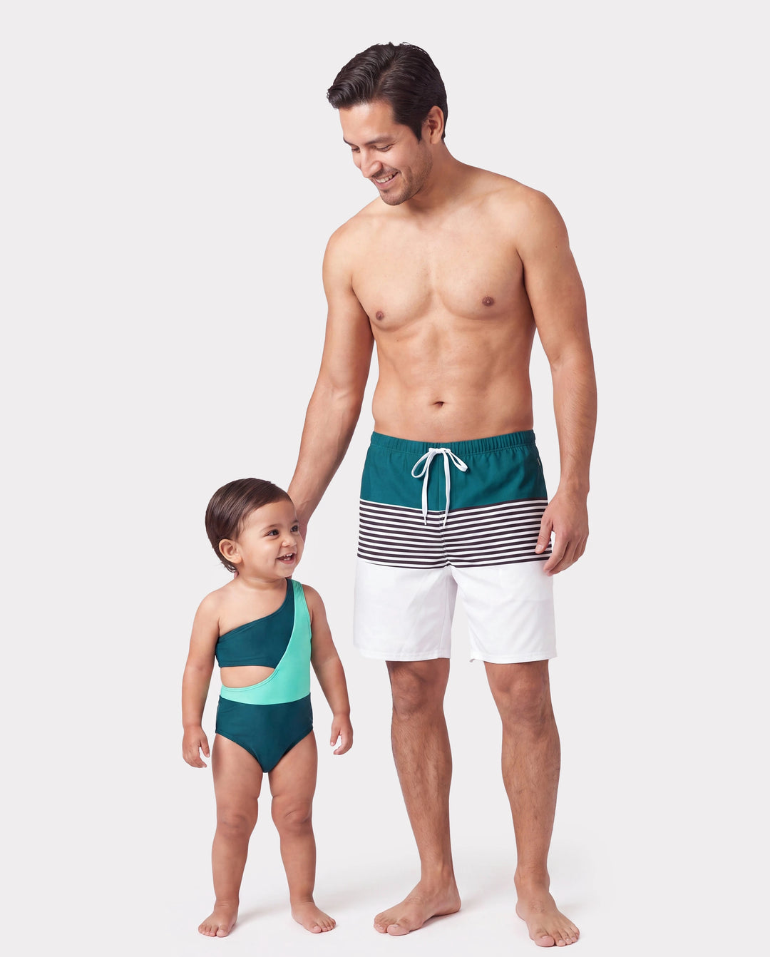Daddy & Daughter Colorblock One Shoulder Cut Out One-piece Swimsuit and Striped Spliced Swim Trunks Shorts DeepTurquoise