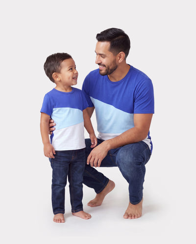 Daddy & Son Tropical Dress & T-shirt Set – Blue Floral Print for Dad, Mom, Girls & Baby, Perfect for Summer Vacations and Family Photos Blue