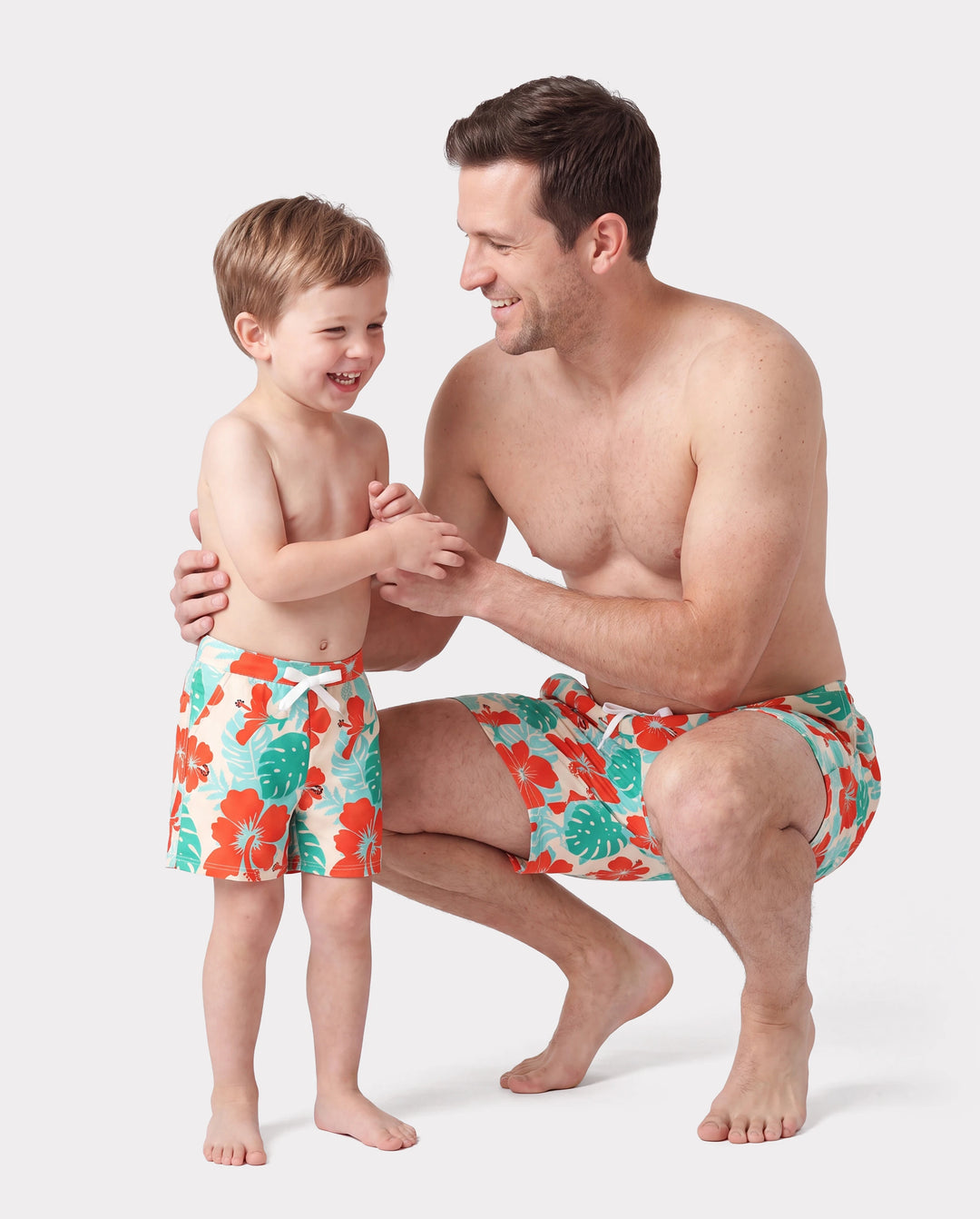 Daddy & Son Tropical Floral Print Swim Trunk or Ruffle Trim Bikini with Optional Beach Cover-Up Dress Orange