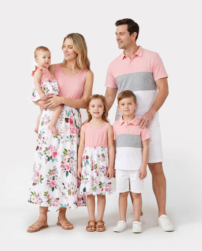 Conjuntos familiares de vestidos midi con estampado floral sin mangas en rosa y polos de manga corta con bloques de color en rosa