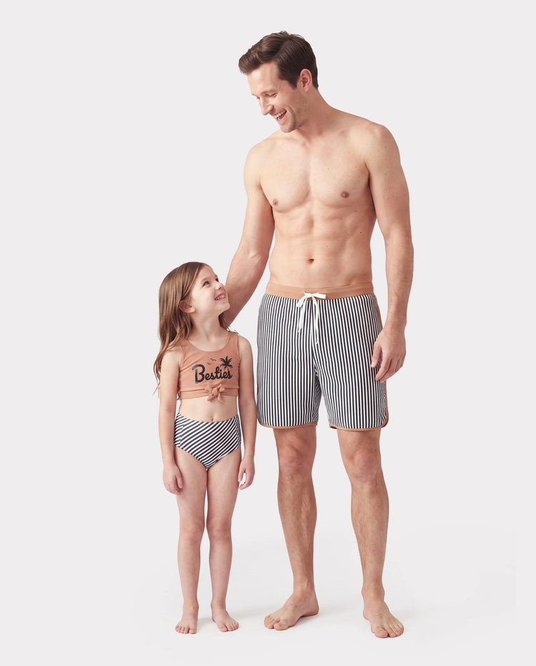 Daddy & Daughter Vertical Stripe Drawstring Swim Drunks or Besties Printed Crop Tank Bikini Khaki