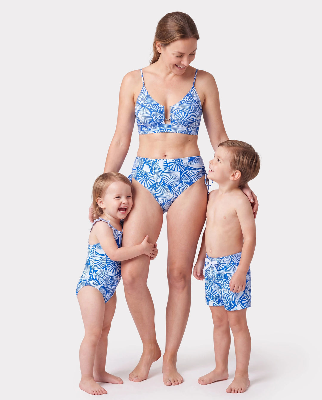 Mommy & me Shell Print Swimwear Floral two-piece Bikini & Swim Shorts Set for Mom, Dad, & Kids, Perfect for Beach Days & Pool Parties Blue