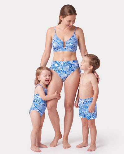 Mommy & me Shell Print Swimwear Floral two-piece Bikini & Swim Shorts Set for Mom, Dad, & Kids, Perfect for Beach Days & Pool Parties Blue