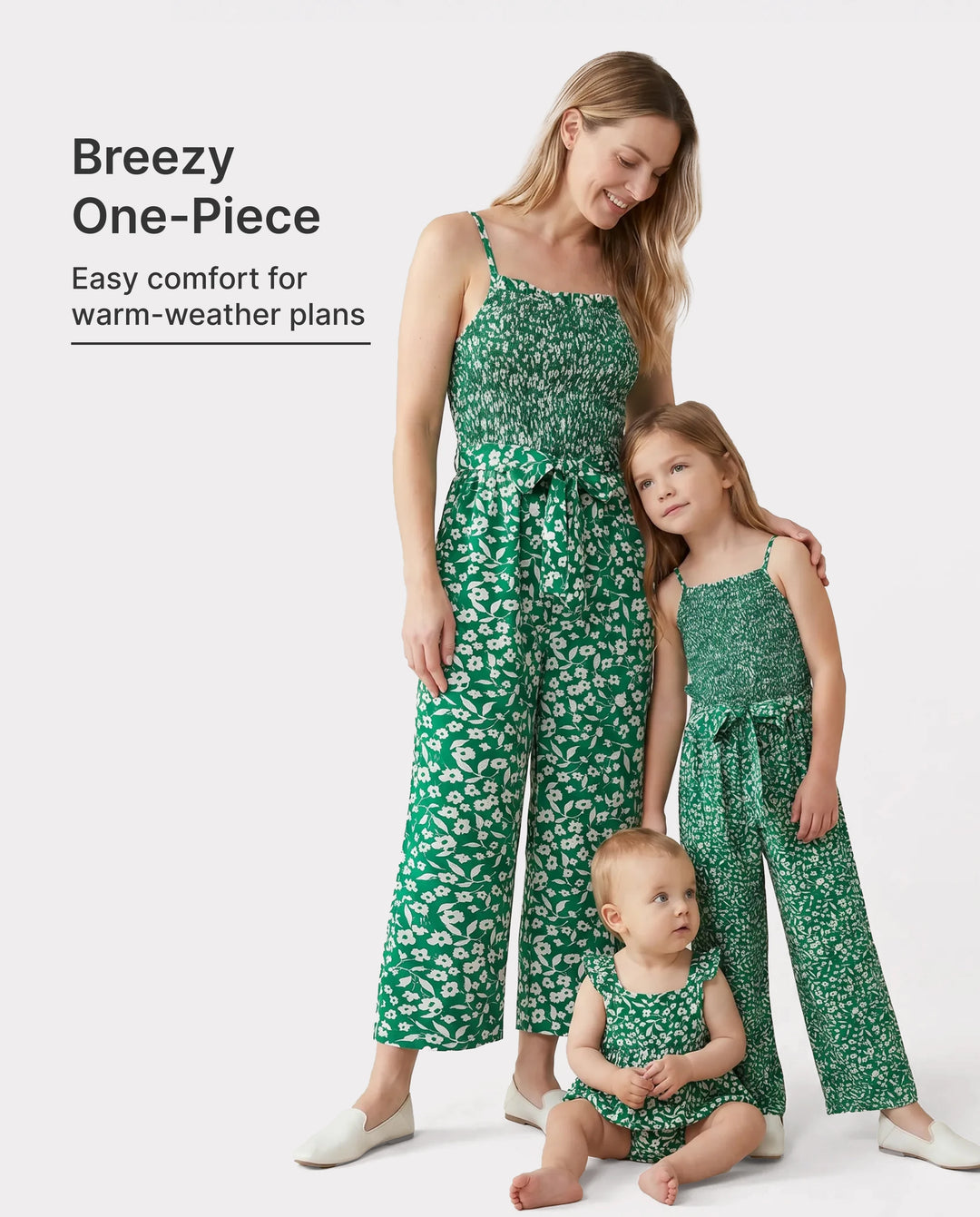 Matching Floral Print Green Smocked Strap Jumpsuits for Mommy and Me Green