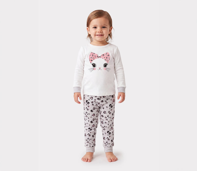 Toddler / Kids 4-piece Organic Cotton Pajamas 4-in 1 Snug fit PaJama Set for Girls White