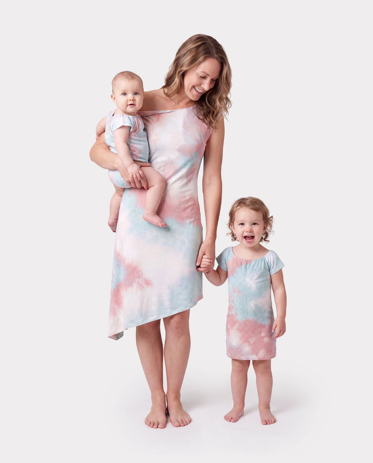 Mommy and Me Matching Tie Dye Dress Set for Women, Girls & Baby Romper Multi-color