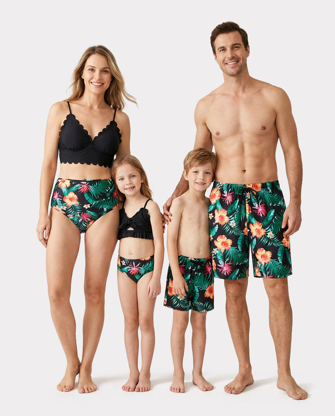 Ensemble maillots assortis famille à imprimé tropical – bikini col V et short de bain, couleur noir