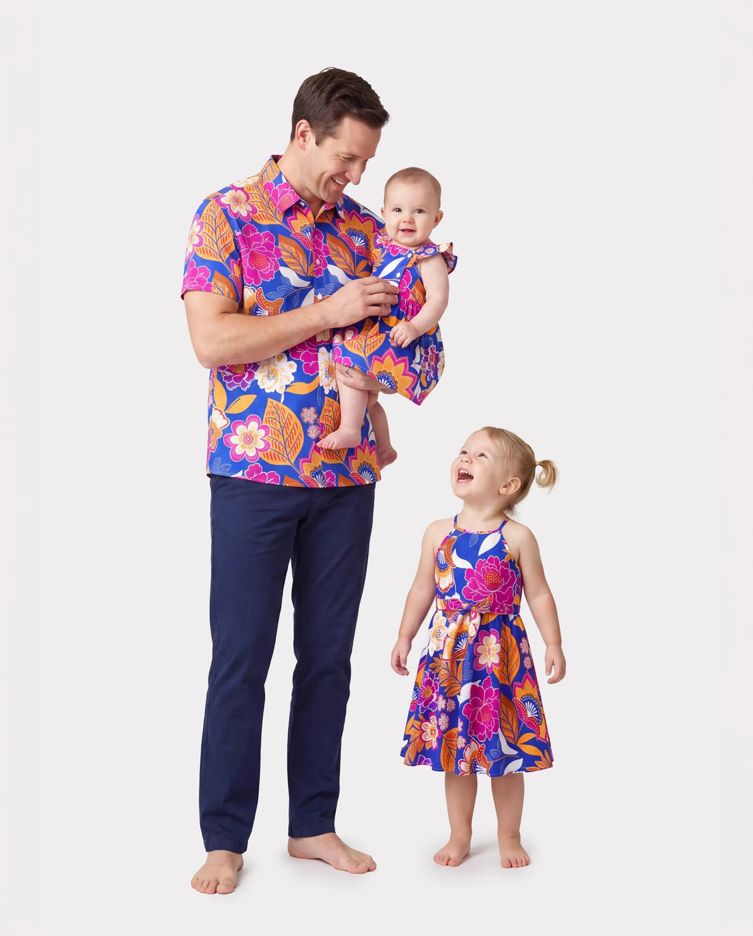 Daddy & Daughter Hawaiian Outfits Tropical Floral Print Vacation Clothes Strap Belted Dress or Short-sleeve Shirts Summer Beachwear Set Navy