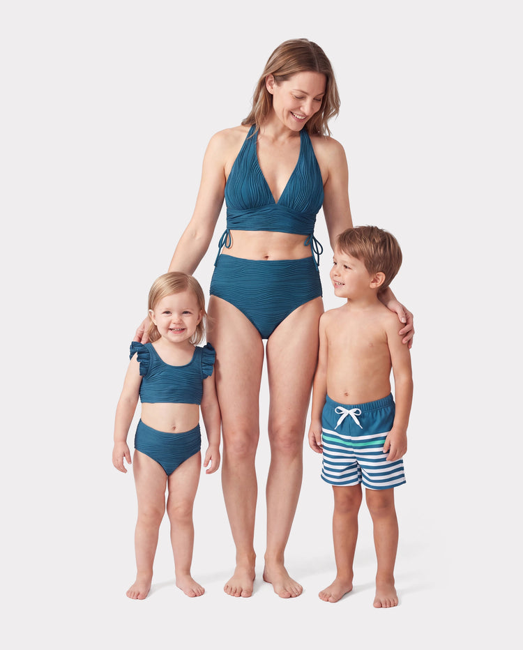 Mommy & me Teal Striped Swimsuits Ruched Bikini & Swim Trunks Set Multi-color