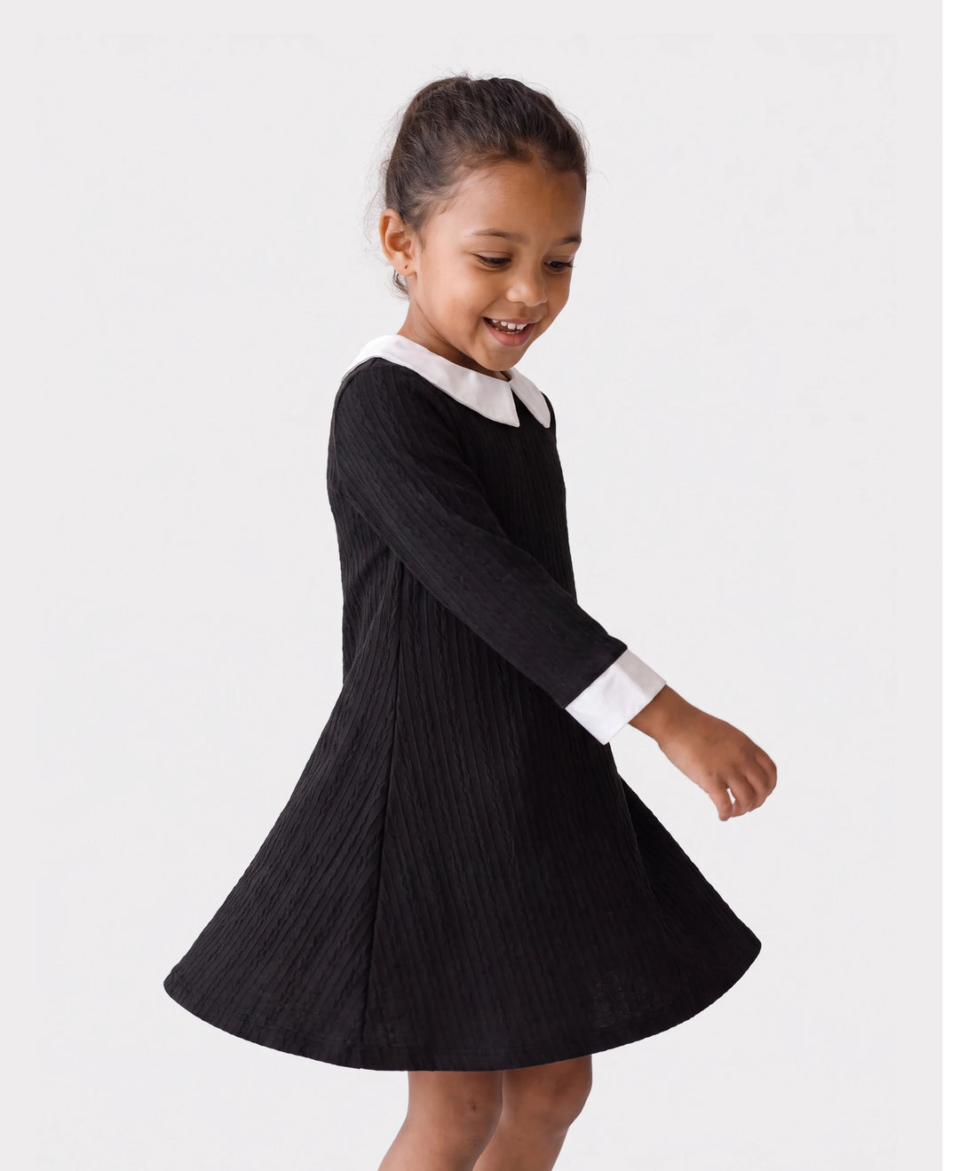 Kid Girl Avant-garde Solid Color Lapel Design Long Sleeve Dress Black