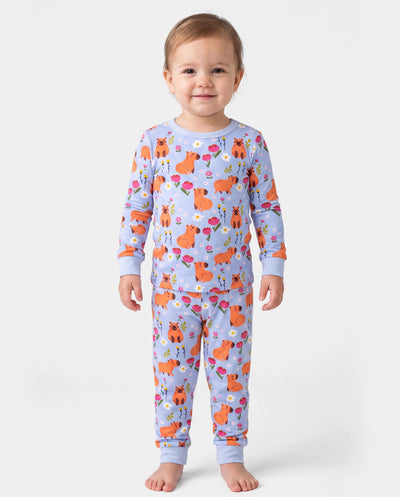 Pyjama de Noël/Halloween 2 pièces en bambou avec imprimé enfantin pour bébé/enfant (coupe ajustée) bleu