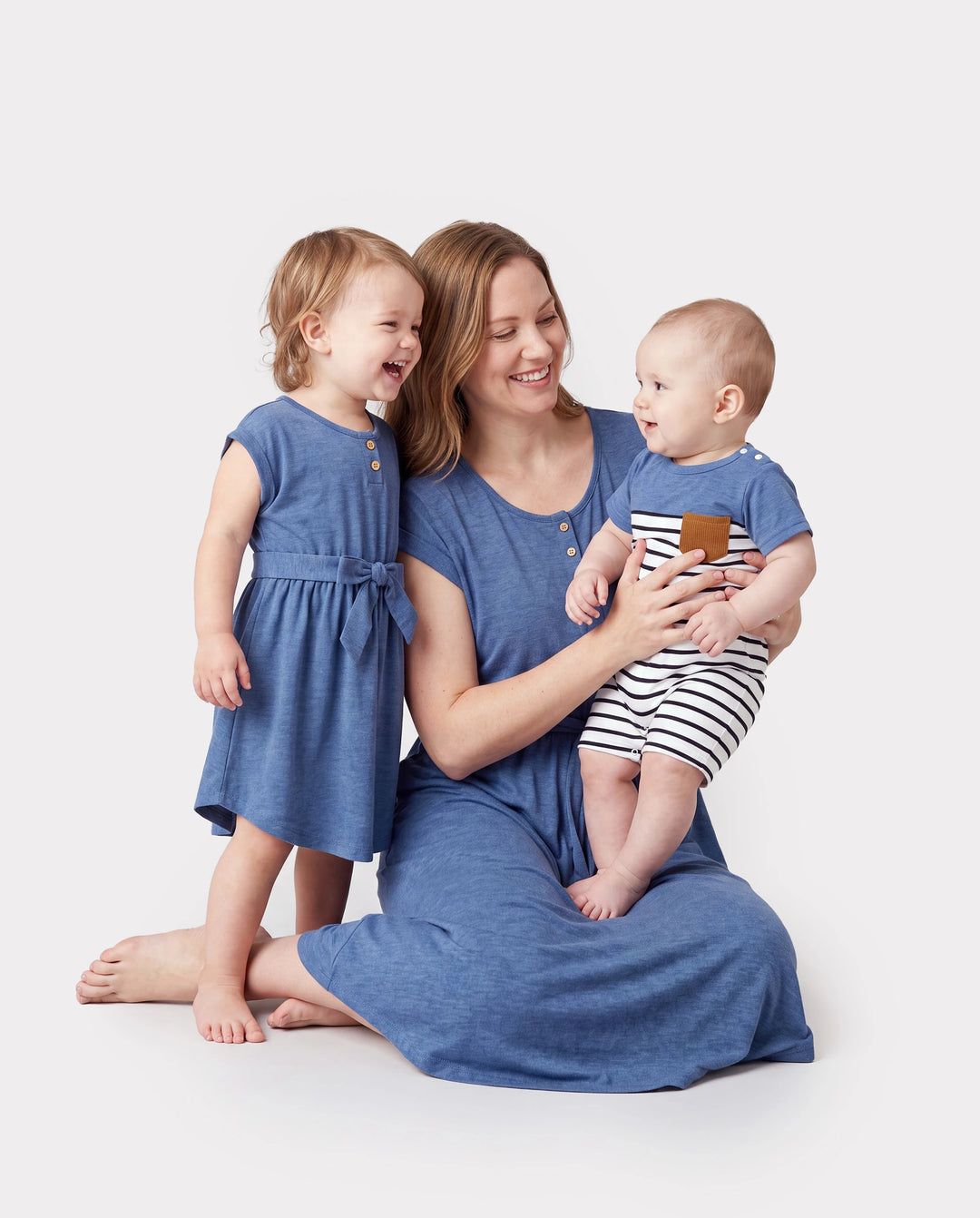 Mommy and Me Family Matching Soft Casual Outfit with Below Knee Dresses, Front Buttons, Belted Design Blue