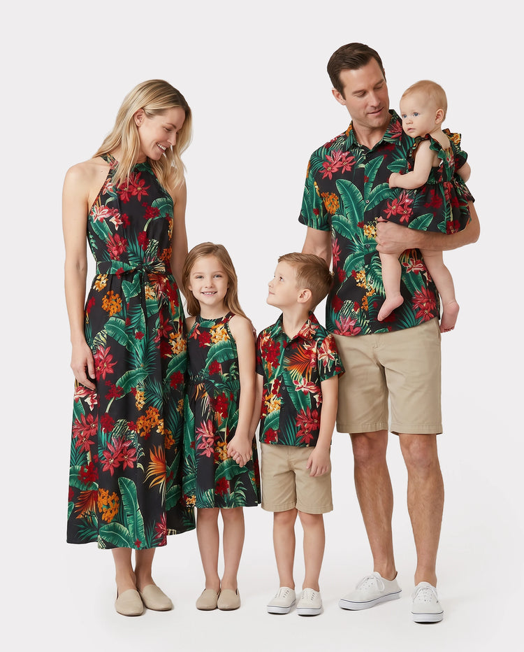 Ensembles assortis pour toute la famille : robes dos nu à imprimé floral et chemises à manches courtes, noir