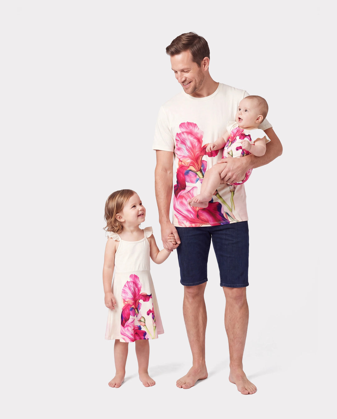 Daddy & Daughter Casual Outfit Floral Print T-shirt or Halter Dress Summer Set for Vacation Apricot