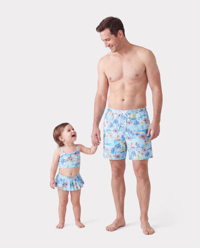 Daddy & Daughter Swimwear Tropical Print, Girl two-piece Swimsuit for Summer Beach Vacation Light Blue