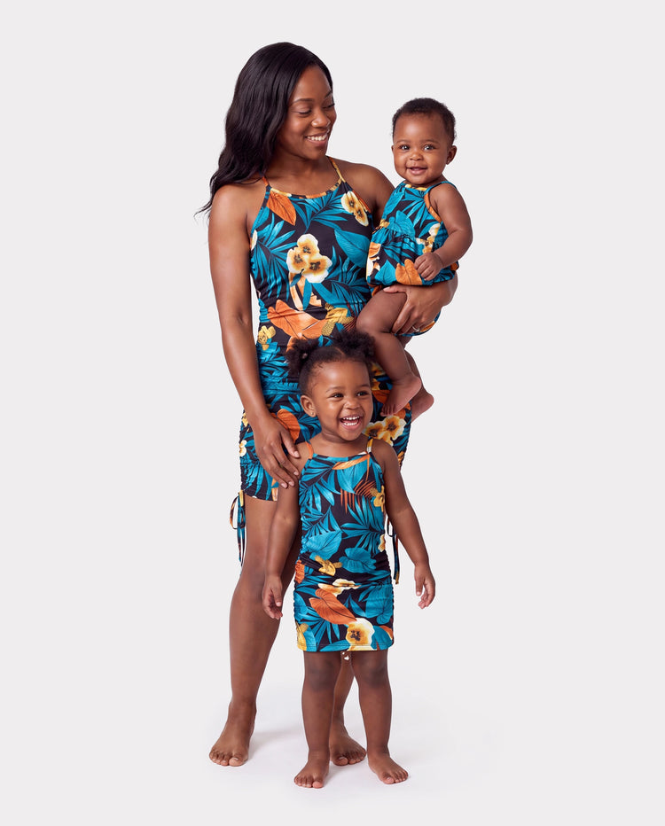Ensembles Robe Maman & Moi à Imprimé Floral avec Cordon Froncé et Bretelles Noirs
