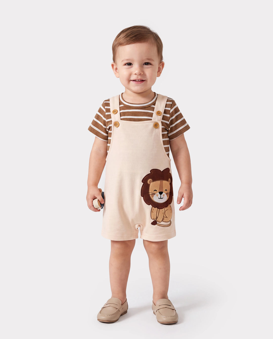 Baby Boy 2pcs Stripe Pattern Tee and Lion Print Overalls Shorts Set Khaki