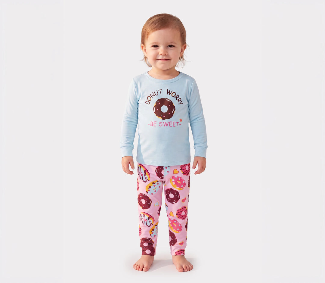Pyjama 4 pièces en coton biologique pour tout-petits/enfants, ensemble 4 en 1 coupe ajustée pour filles, bleu clair