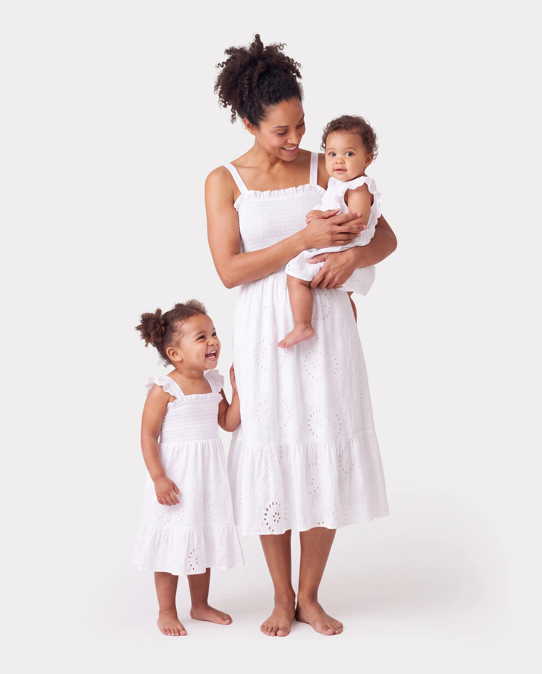 Matching Mom & Me Cotton Dress Eyelet Smocked Dresses with Ruffled Straps, Perfect for Summer Outings & Family Photos White