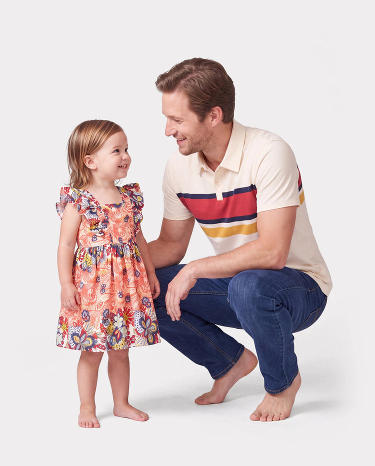 Daddy & Daughter Casual Outfit Colorblock Polo Collar T-shirt or Floral Print Flutter Sleeveless Dress Set Orange red