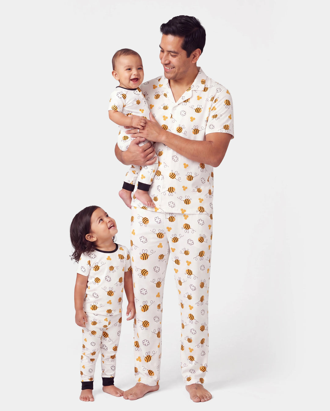 Daddy & Son Bamboo Pajamas Soft Bamboo Viscose PJs for Men Women Kids Toddler, Cute Bee Print Sleepwear with Short Sleeve Top and Long Pants White
